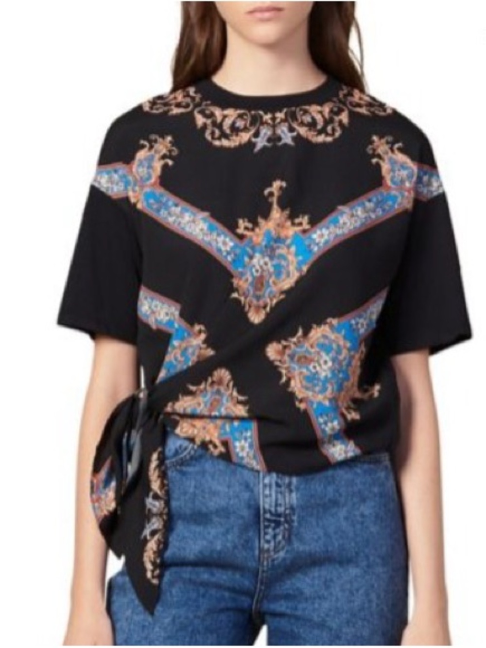Sandro Black Short-Sleeve Tee with Blue and Gold Baroque Print